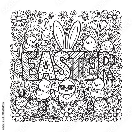 Detailed Easter Illustration with Bunny Eggs and Flowers Coloring Page Intricate Line Art