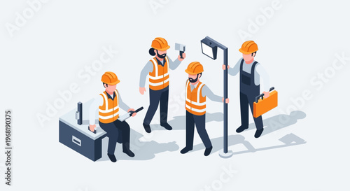 Isometric illustration depicting a diverse team of engineers and construction workers collaborating on a project, showcasing maintenance, planning, and teamwork in an industrial setting