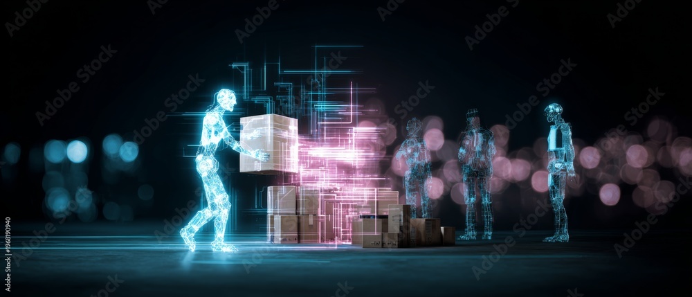 Fototapeta premium Analyzing the shift: how robotics are transforming employment landscapes. Data intelligence. Ai encroaches on human jobs: a robot in a warehouse seamlessly works. Digital innovation.