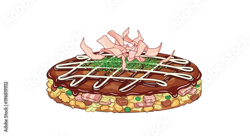 Exquisite Japanese savory pancake with rich sauce delicate mayonnaise intricate green herb sprinkles and elegant pink shaved garnish on a crisp