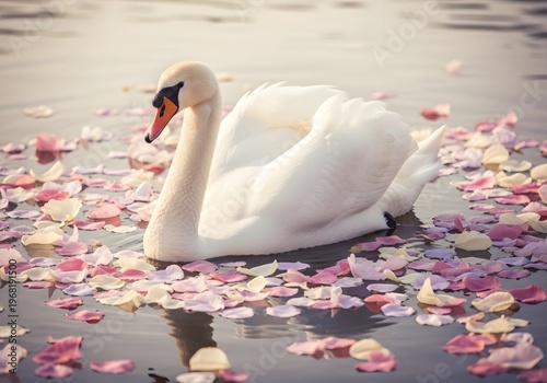 Elegant white swan gracefully floats on calm water surrounded by scattered pink and white flower petals