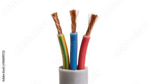 Grey electrical cable with exposed copper wires in green blue and red, isolated on transparent background for industrial and technical designs