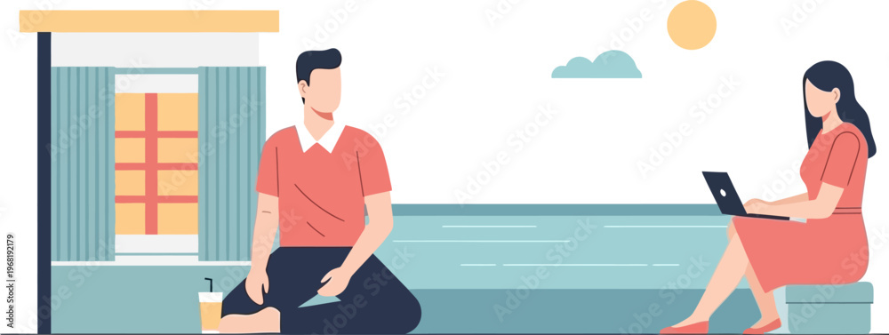 Εκτύπωση καμβά Young couple relaxing by a swimming pool with a laptop, enjoying a summer day wi