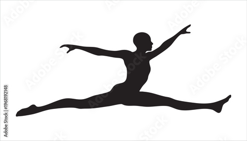 Black silhouette of a person mid jump in dynamic split pose on white background