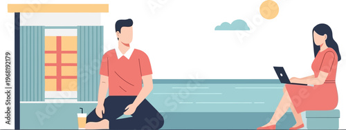 Young couple relaxing by a swimming pool with a laptop, enjoying a summer day with warm sunshine and a gentle breeze