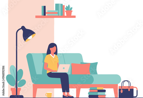 A woman working on a laptop while sitting comfortably on a sofa in a cozy living room, with a lamp, bookshelf, and plants adding to the ambiance