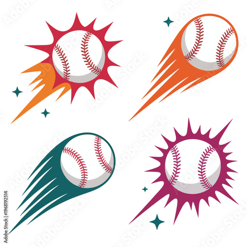 Baseball starbursts and streaks sports stars illustration collection, dynamic motion burst shapes and speed lines, hand drawn doodle vector in black and white