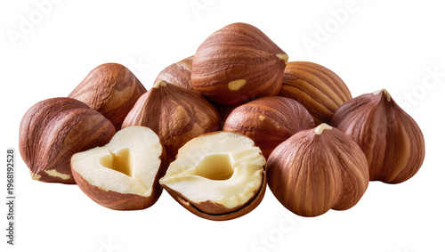 Bild auf Leinwand Pile of raw brown hazelnuts some cracked open revealing creamy kernels, isolated