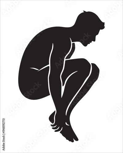 Black Silhouette of Person Mid Crouch Starting Jump Athletic Pose Isolated on White