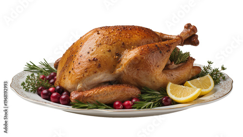 Roasted golden brown turkey with rosemary sprigs cranberries and lemon wedges, isolated on transparent background for festive menus and recipes