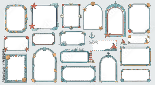 A charming collection of nautical themed decorative frames and borders featuring seashells, anchors, and boats, perfect for summer event invitations, scrapbooking, or beach themed promotions
