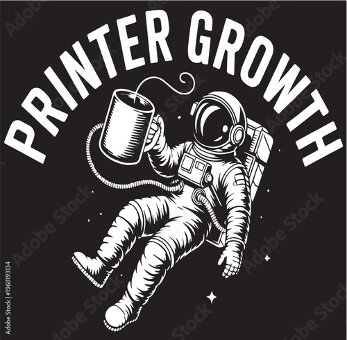 Printer Growth : An illustration showcases an astronaut, embodying a fusion of space exploration and everyday refreshment, holding a cup while floating in the cosmos.