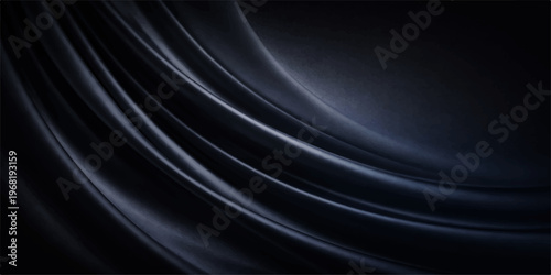 Abstract black and white silk fabric with flowing satin waves and smooth purple light lines creates a dark textured motion backdrop pattern