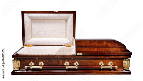 Quadro su tela Luxurious dark wood casket with ornate gold handles and interior lining, isolate