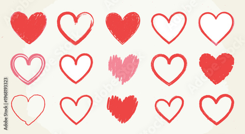Collection of handdrawn textured heart shapes in various styles and shades of red and pink perfect for celebrating love romance and heartfelt declarations