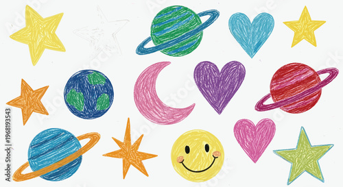 Playful crayon textured collection featuring colorful stars, planets, hearts, moon, and a happy smiley face, perfect for childrens educational materials or fun graphic compositions.