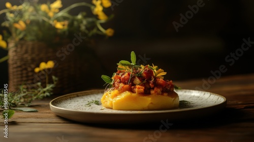 Elegant Jackfruit Dessert Plated with Garnishes on Table