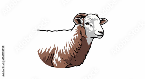 Stylized illustration of a sheep with curly horns and brown fur details