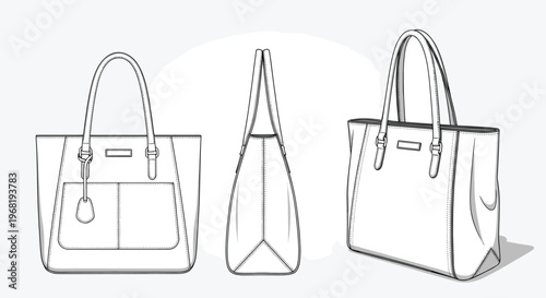 Professional womens tote bag in various views for fashion product catalogs technical specifications apparel manufacturing and accessory collection presentations