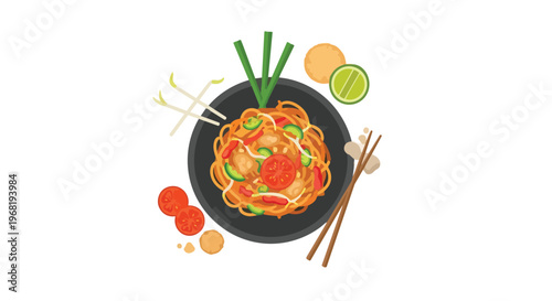 A vibrant, appetizing illustration of stir-fried noodles with succulent shrimp, fresh vegetables, and zesty lime, artfully presented for a