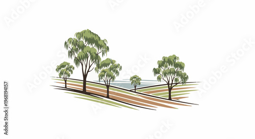 Stylized scene of rolling hills with trees and water