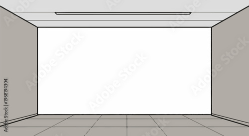 Stylized, minimalist interior perspective of a room with a blank white wall and tiled floor