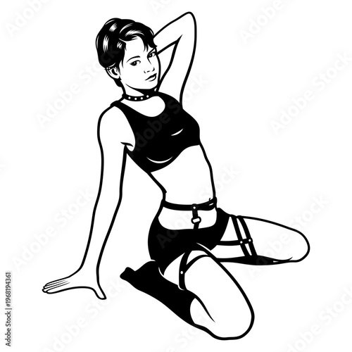 Pin Up Girl Sitting on Knees. Black and white vector cliparts in pop art style.