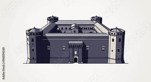 Stylized isometric fortress with towers, courtyard, and crenellated gatehouse