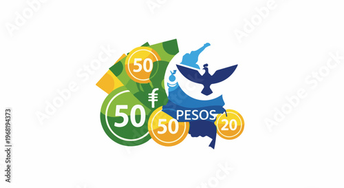 Stylized money and coins featuring a bird and map outline