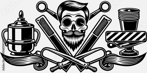 Create a high-contrast, black and white vintage tattoo-style illustration featuring traditional barbershop elements. Include a classic barber chair, straight razors, scissors, a shaving brush, a clipp