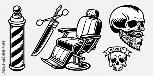 Create a high-contrast, black and white vintage tattoo-style illustration featuring traditional barbershop elements. Include a classic barber chair, straight razors, scissors, a shaving brush, a clipp