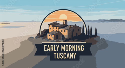 Stylized Italian villa with sun and cypress trees at dawn