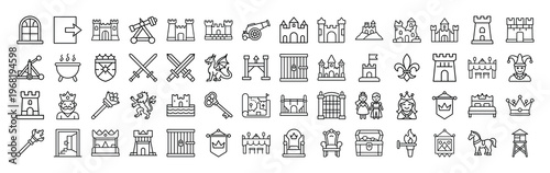 Medieval castle elements icons set including royalty and fantasy symbols
