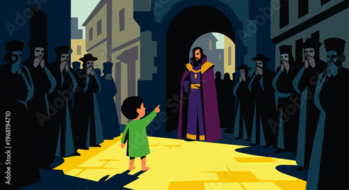 A dramatic flat vector scene where a small, simple child (in a bright green tunic) is pointing a finger at the Emperor. The surrounding adults have their hands over their mouths. High contrast between