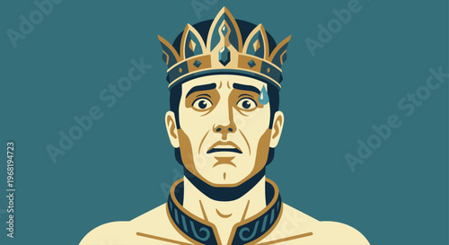 A close-up flat vector of the Emperor’s face. His expression has shifted from pride to a bead of sweat and wide eyes, though he keeps his head held high. A crown sits perfectly on his head, contrastin