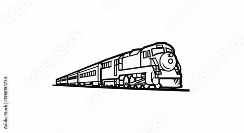 Stylized line art depicts a classic steam engine train with passenger cars