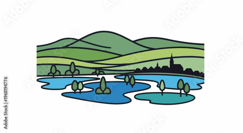 Stylized landscape with rolling hills, water, and distant town