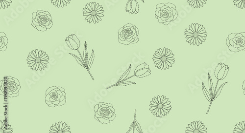 Gentle outline drawings of blooming roses tulips and daisies in a repetitive arrangement provide a tranquil aesthetic for fabric printing greeting paper and digital displays.