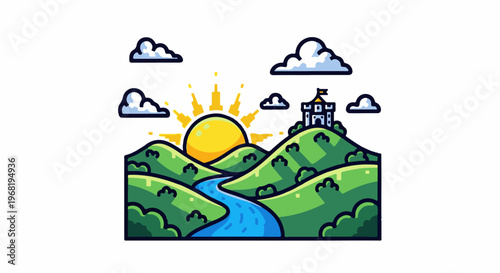 Sunny morning over rolling hills with a castle and river