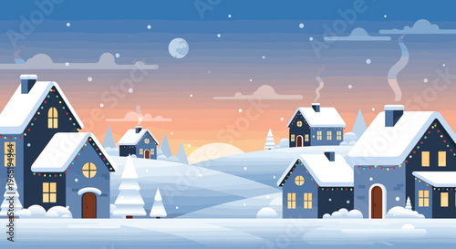 A charming winter village landscape featuring snowcovered houses adorned with colorful festive lights under a serene twilight sky with falling snow, ideal for seasonal greetings and holiday