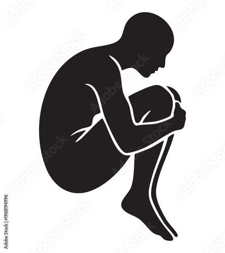 Black silhouette of a person curled up in a fetal position on a white background human