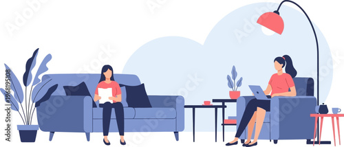 Cozy Living Room Scene Two Women Relaxing on Sofas with a Laptop and Book, Illuminated by a Floor Lamp