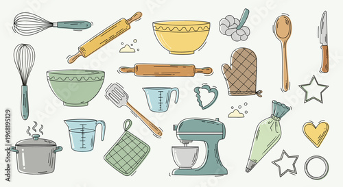 Essential baking and cooking tools and equipment collection for home chefs and pastry enthusiasts creating delicious meals and sweet treats