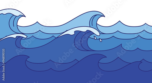 Stylized graphic representation of rolling ocean waves in various shades of blue with white foam and droplets perfect for nautical themed presentations and aquatic environment backgrounds