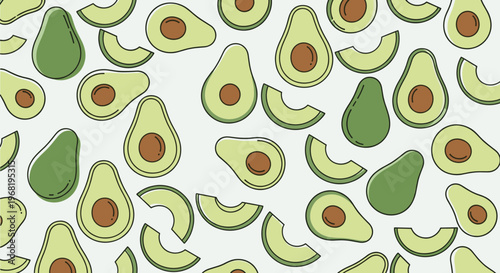 A vibrant and fresh avocado fruit and sliced pieces scattered across a surface, perfect for food packaging, recipe blogs, or health and wellness promotions.