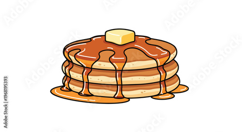 A delightful stack of fluffy golden pancakes generously drizzled with rich amber syrup and topped with a melting pat of butter, illustrating a