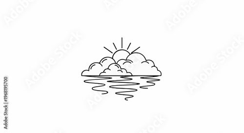 Stylized sun and clouds reflected on wavy water