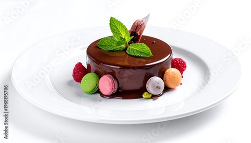 A gourmet dessert sits on a white plate, featuring chocolate cake, fresh raspberries, mint, and colorful macarons