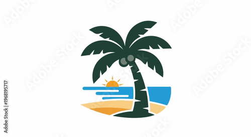 Stylized tropical palm tree at sunset over ocean waves and sandy shore