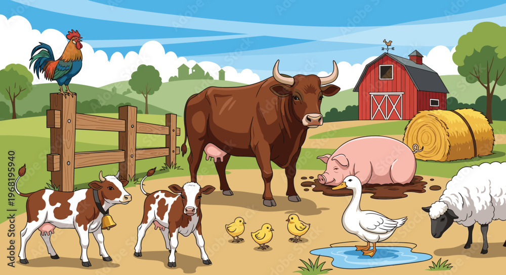 Naklejka premium A charming and colorful farm scene featuring a variety of domestic animals like cows, pigs, sheep, ducks, and chickens, perfect for childrens educational content or farmthemed promotions